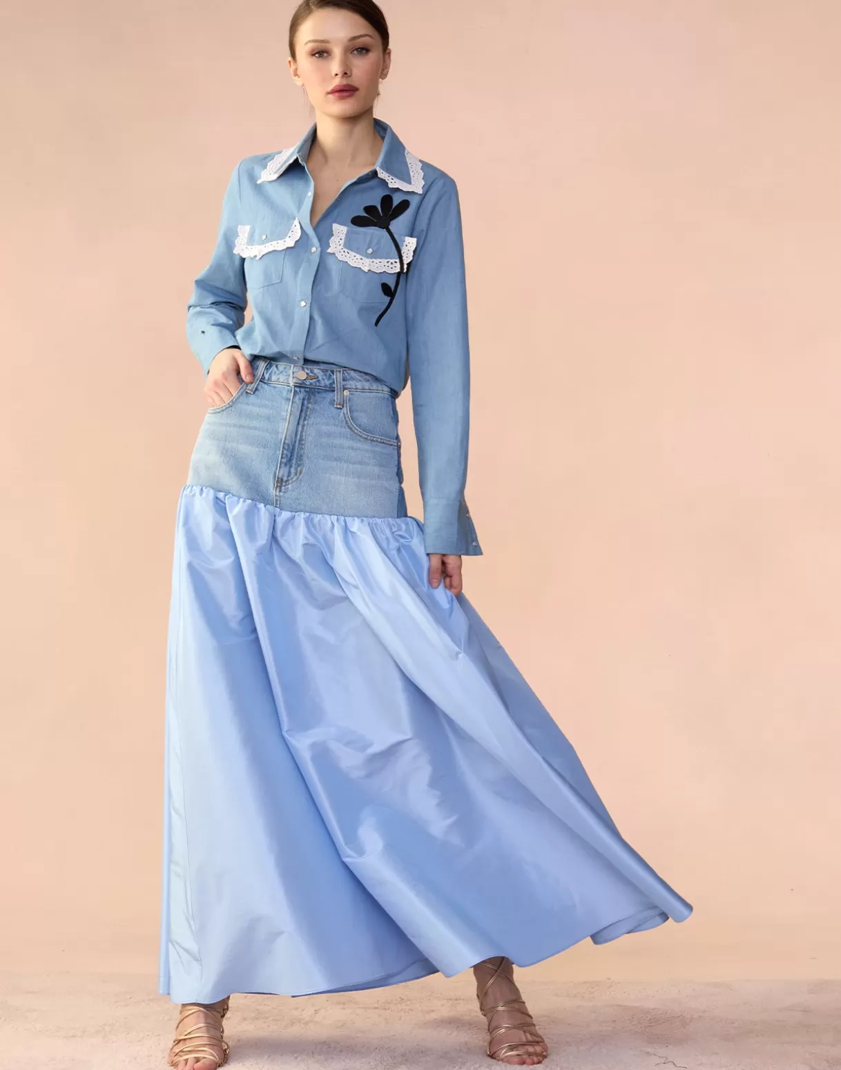 Clearance Deconstructed Denim Taffeta Skirt BOTTOMS