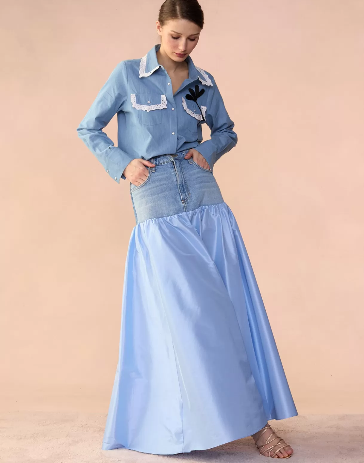 Clearance Deconstructed Denim Taffeta Skirt BOTTOMS