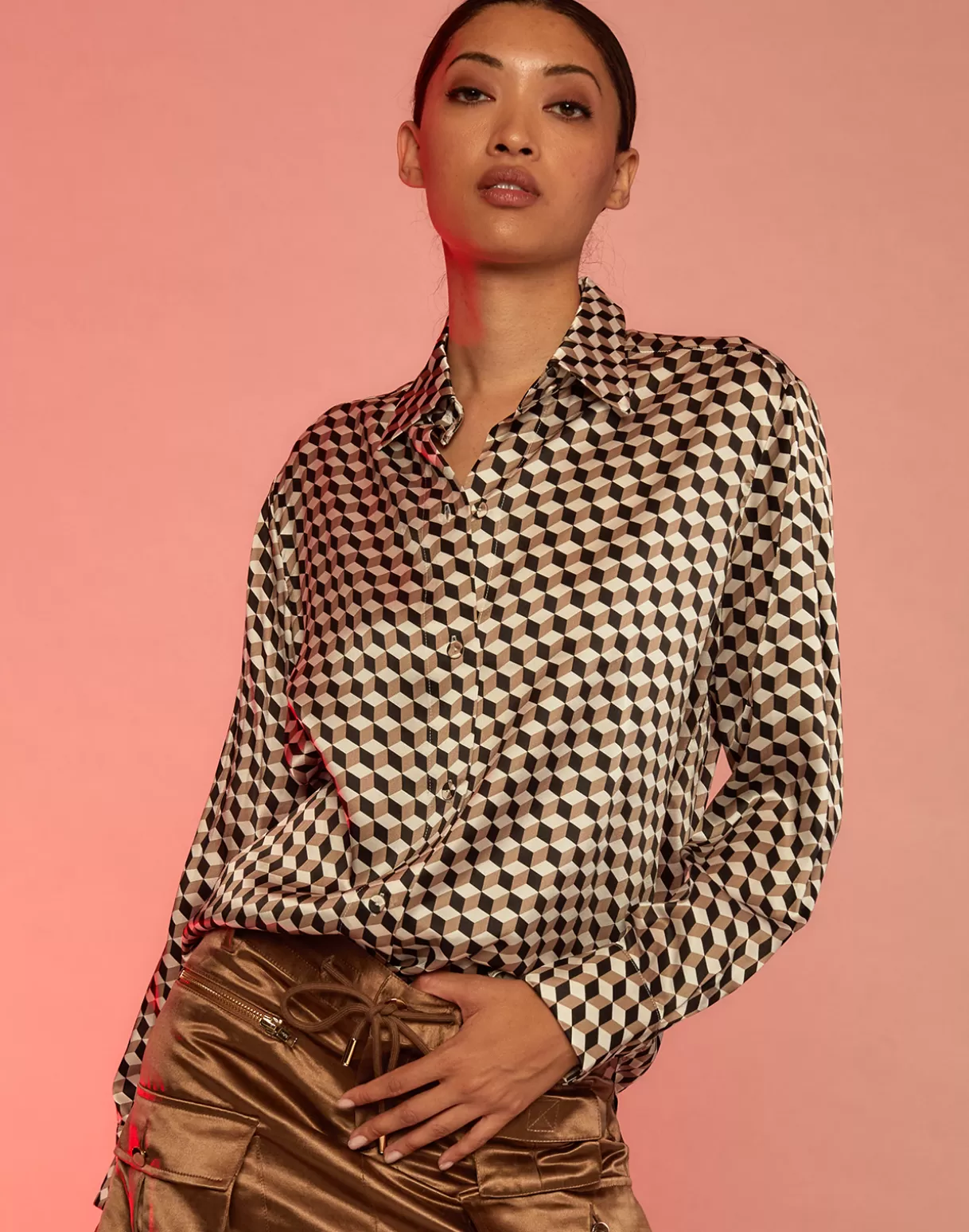 Outlet Illusion Geometric Silk Shirt TOPS