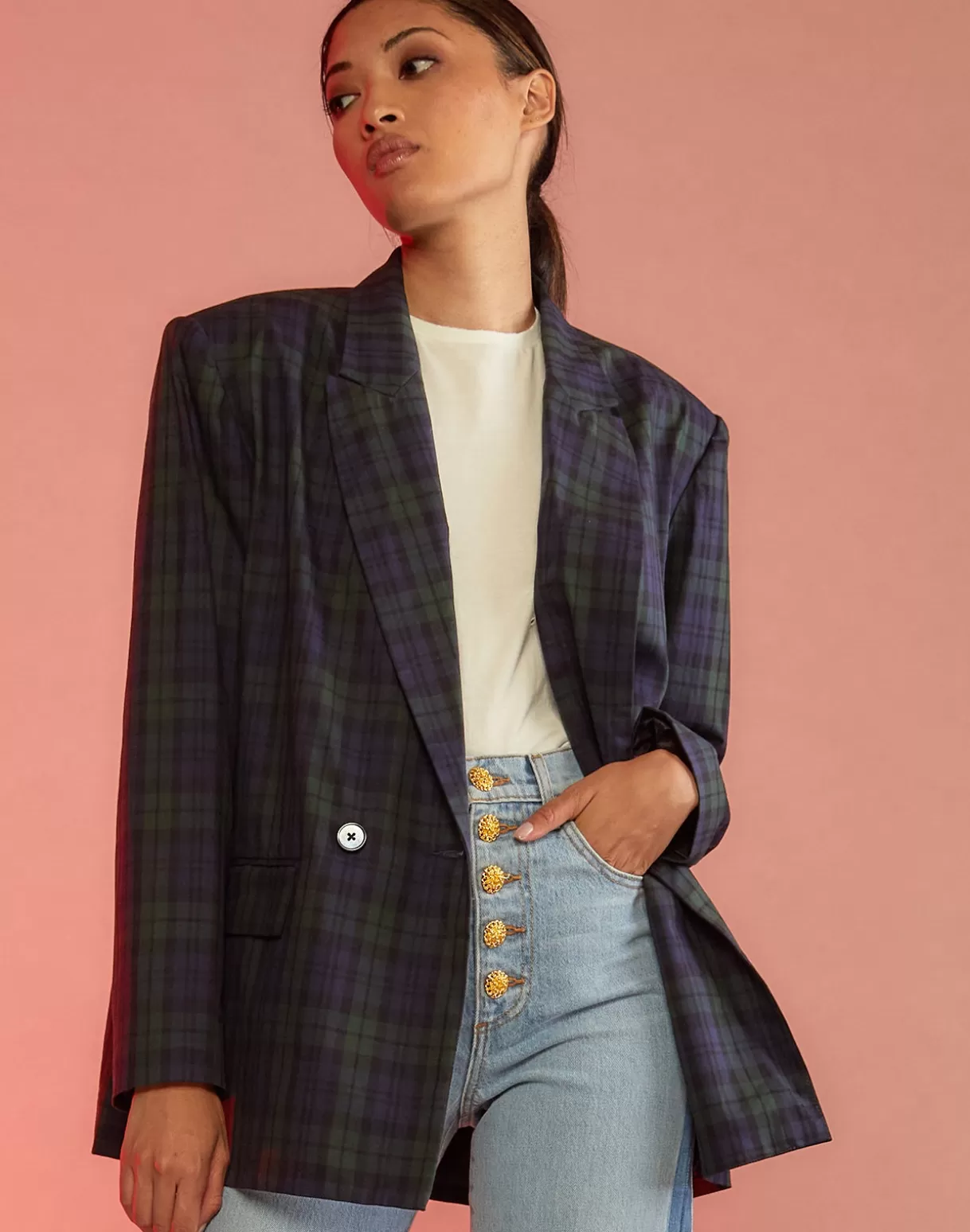 Discount Plaid Oversized Blazer TOPS