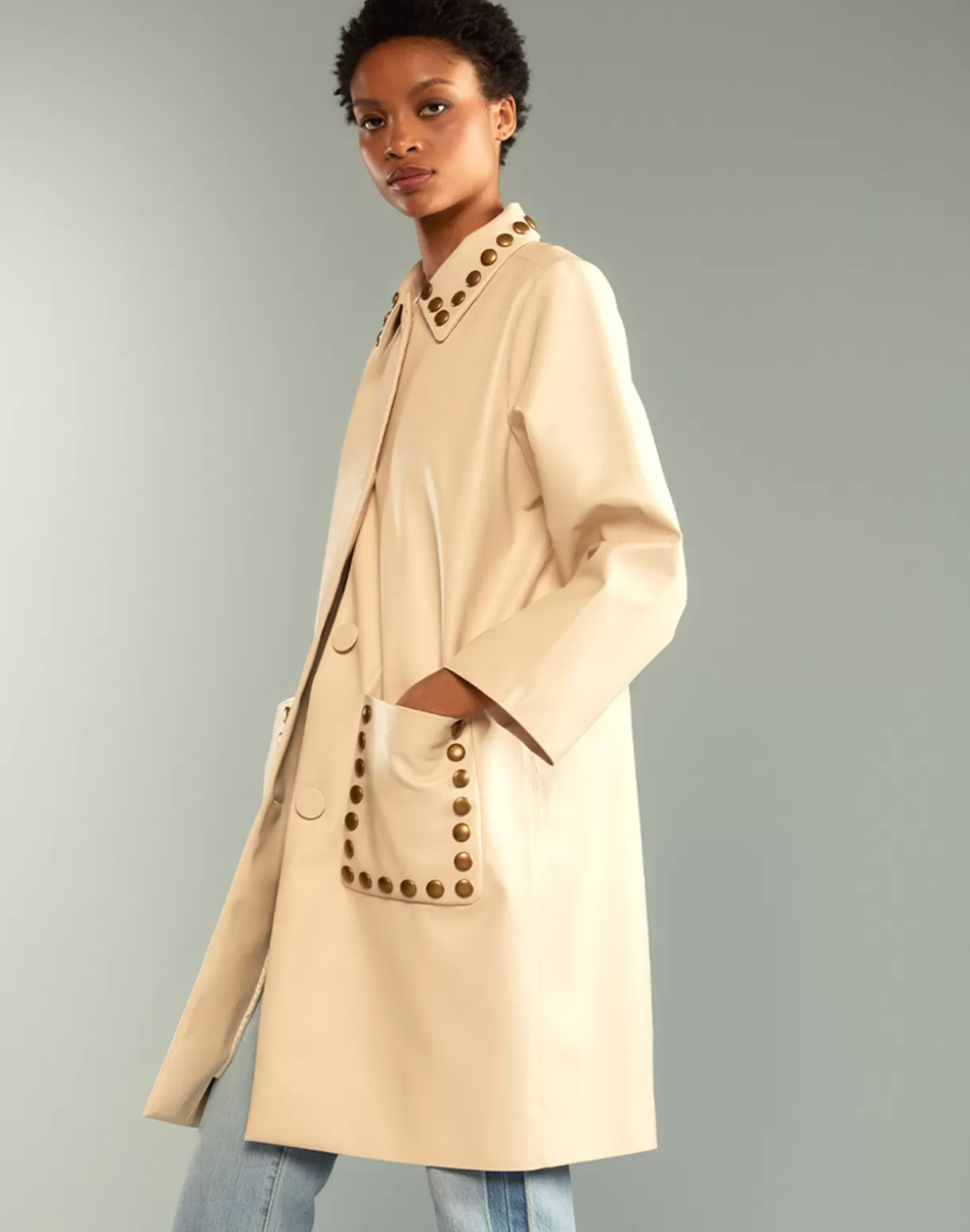 Sale Studded Vegan Leather Coat JACKETS & COATS