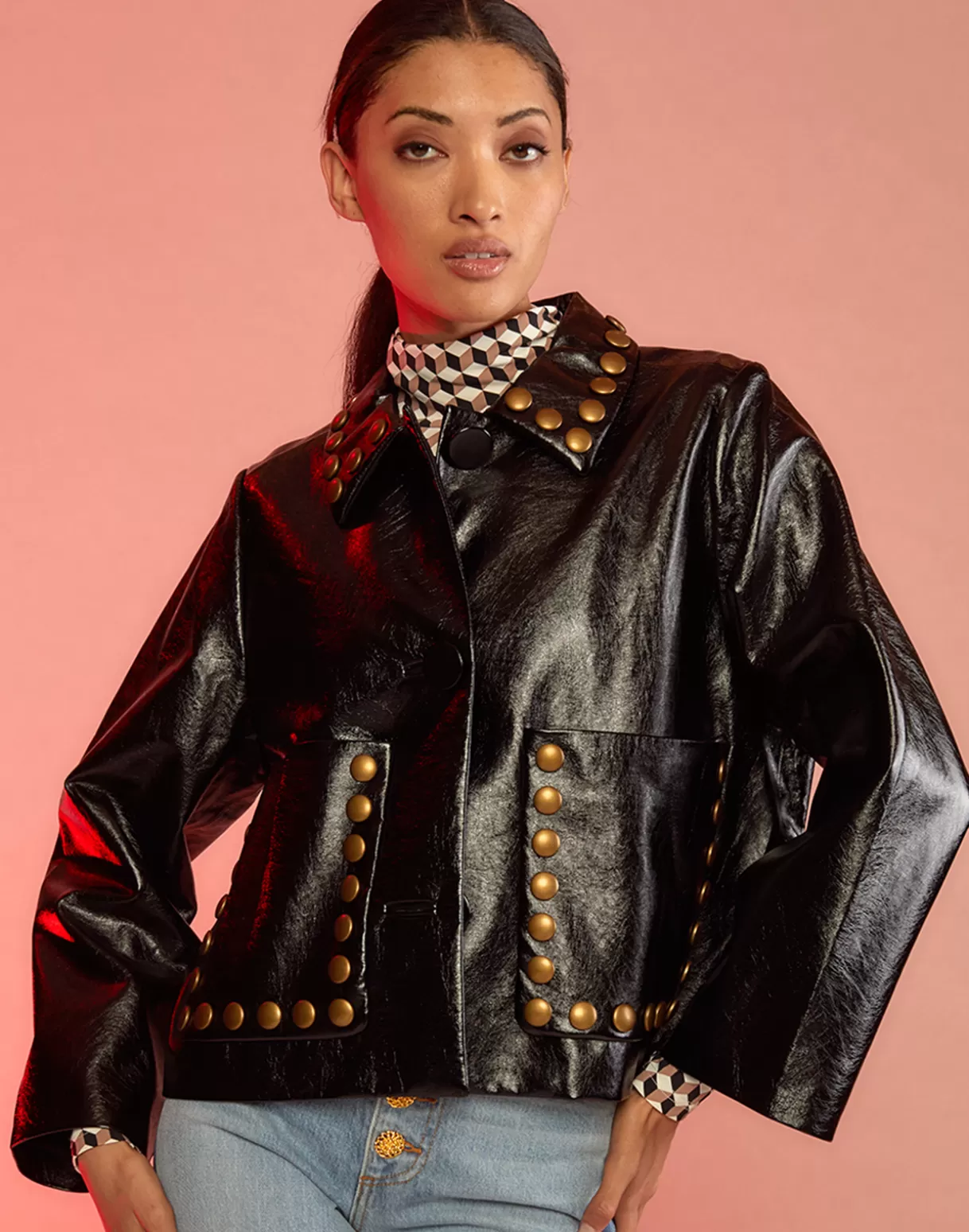 Discount Studded Vegan Leather Jacket JACKETS & COATS